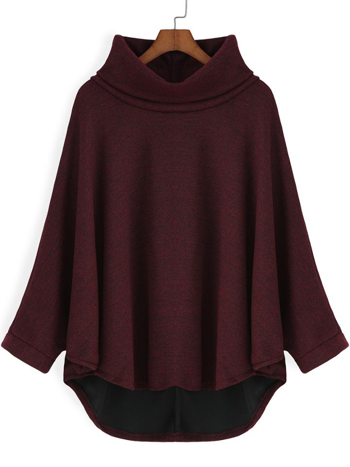Shein Wine Red High Neck Dip Hem Loose Sweatshirt