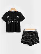 Shein Cat Print Cuffed Top And Polka Dot Shorts Pajama Set