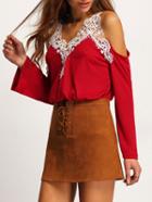 Shein Red Cold Shoulder Lace Loose T-shirt