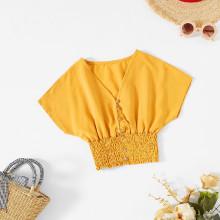 Shein Girls Batwing Sleeve Shirred Hem Button Up Blouse