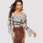 Shein Flounce Sleeve Ruffle Trim Mixed Print Top