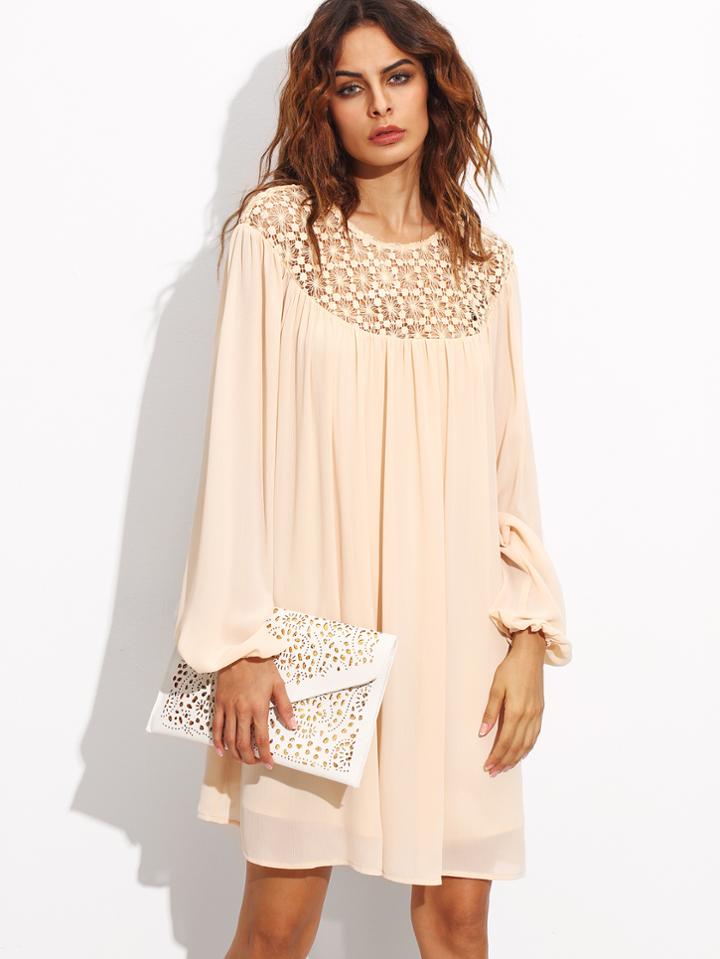 Shein Apricot Hollow Out Crochet Neck Lantern Sleeve Dress