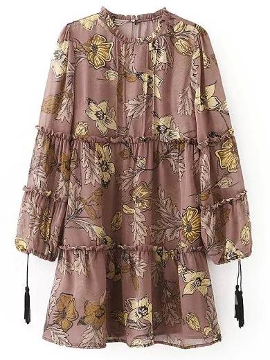 Shein Dark Coffee Ruffle Neck Tassel Lantern Sleeve Print Dress