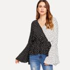 Shein Exaggerate Cuff Two Tone Polka Dot Belted Top