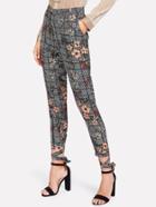 Shein Plaid And Flower Print Pants