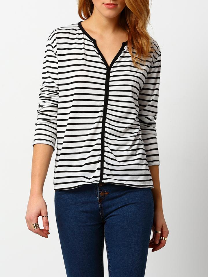 Shein Black White V Neck Striped T-shirt