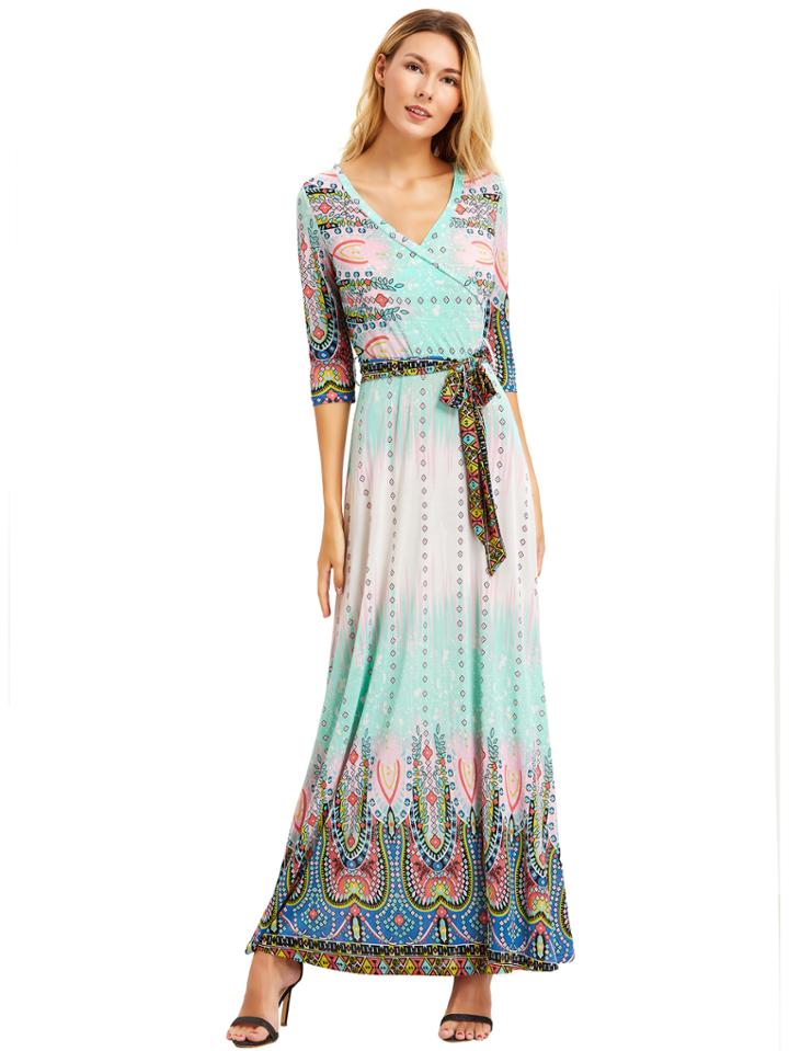 Shein Pink Vintage Print Self Tie Maxi Dress