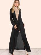 Shein Waterfall Lapel Chiffon Duster Black