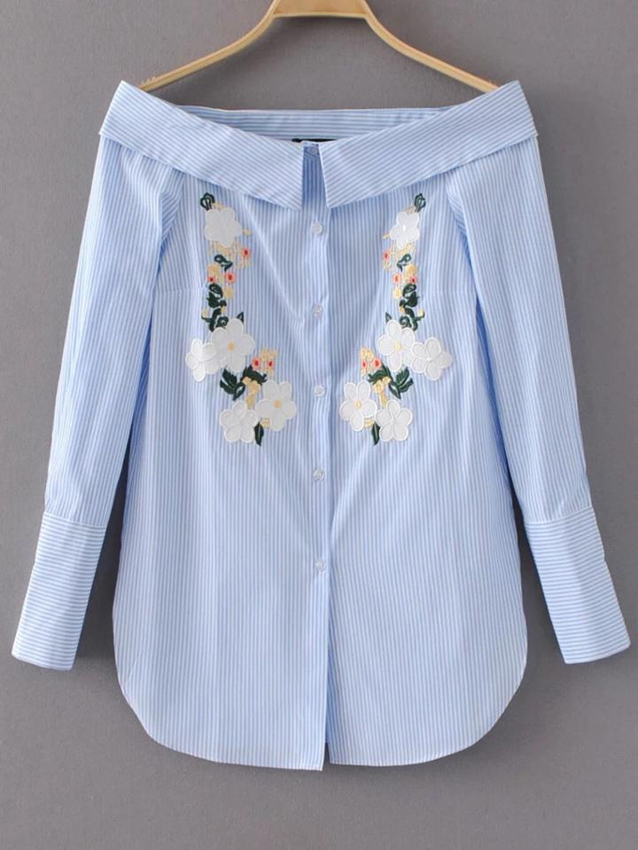 Shein Bardot Vertical Striped Flower Embroidery Blouse
