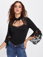 Shein Lace Up Choker Neck Lace Trim Tee