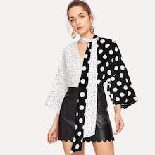 Shein Two Tone Polka Dot Print Tie Neck Top