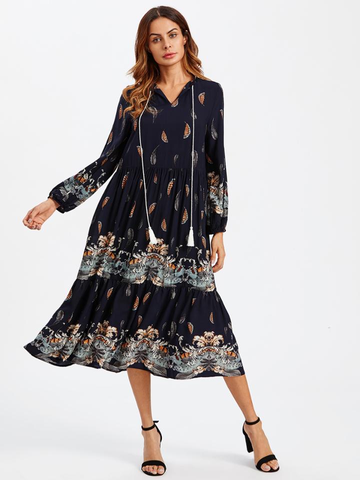 Shein Tassel Tie Neck Lantern Sleeve Smock Dress