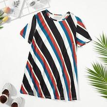 Shein Girls Round Neck Striped Swing Dress