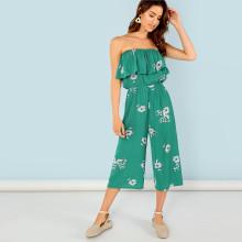 Shein Calico Print Straight Leg Bardot Jumpsuit