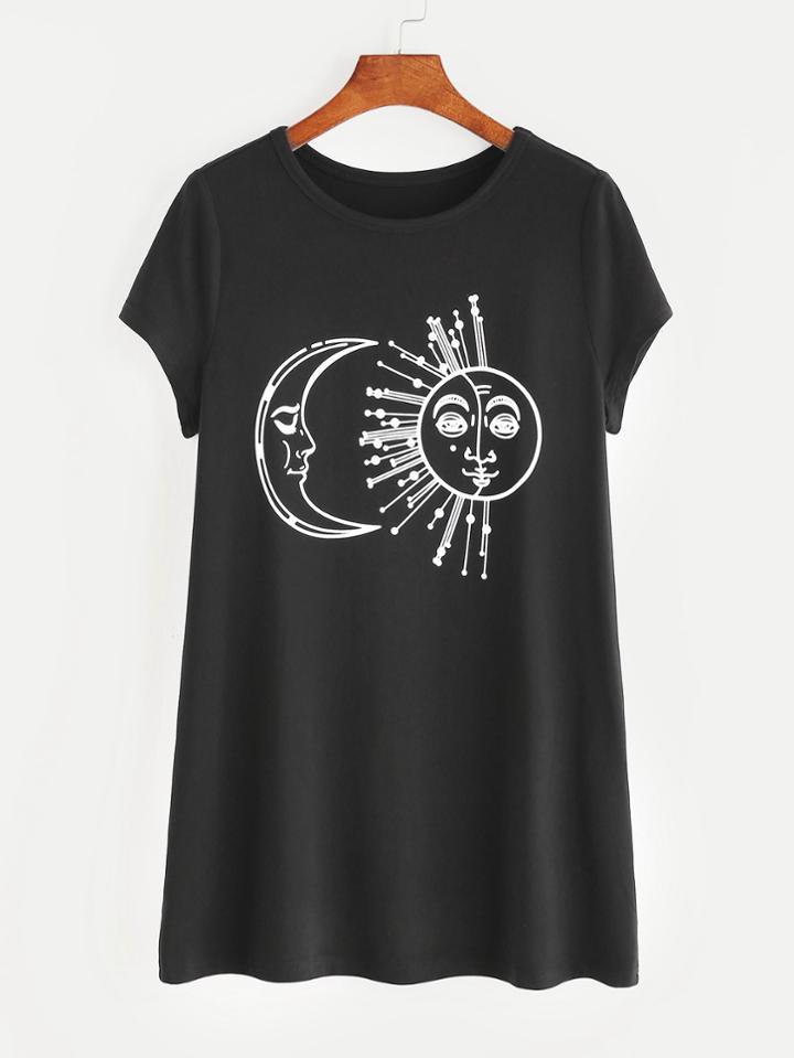 Shein Sun And Moon Print Longline Tee