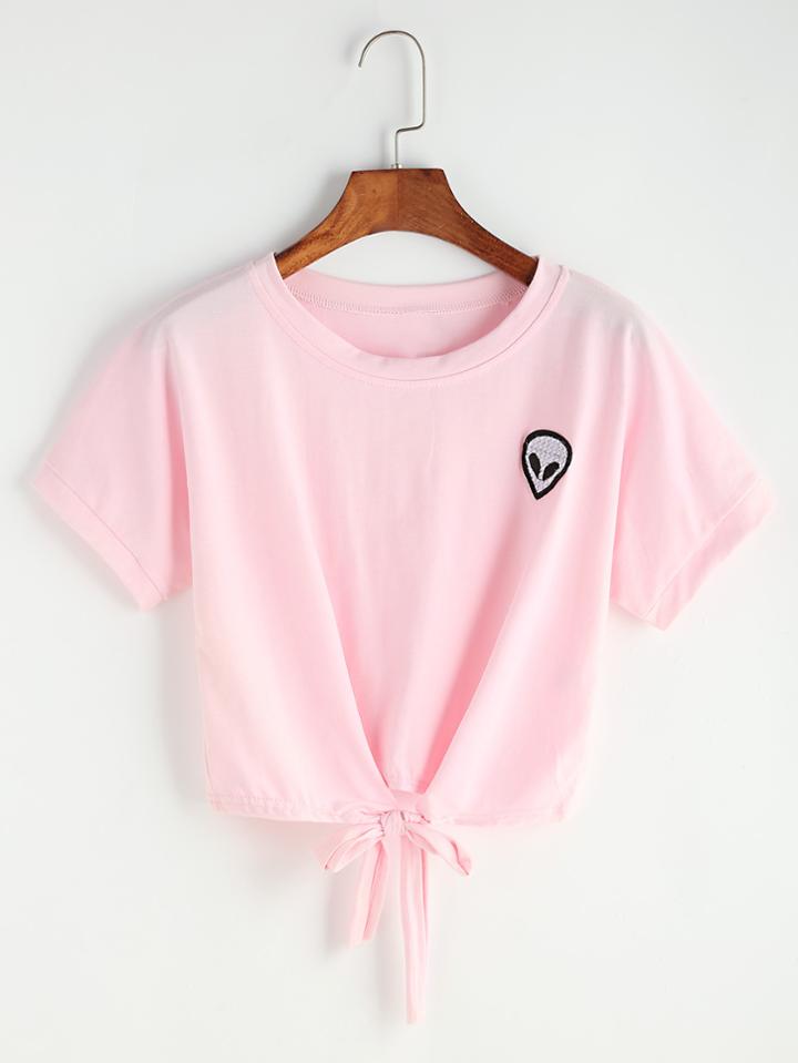 Shein Tie Front Crop Tee With Alien Patch