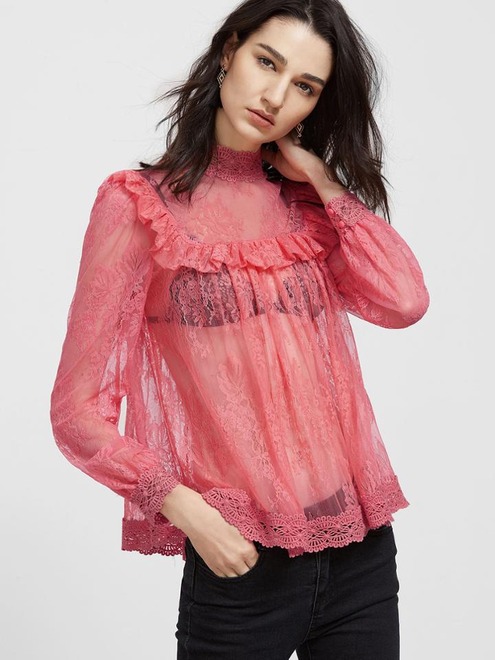 Shein Pink Crochet Trim Ruffle Sheer Floral Lace Top