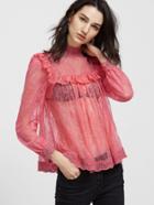 Shein Pink Crochet Trim Ruffle Sheer Floral Lace Top