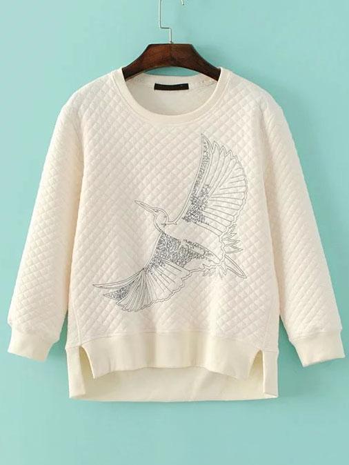 Shein Beige Eagle Embroidery Dip Hem Quilted Sweatshirt