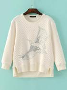 Shein Beige Eagle Embroidery Dip Hem Quilted Sweatshirt