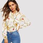 Shein Ruffle Trim Tie Neck Mixed Print Top