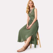 Shein Lace Up Placket Wide Waistband Curved Dress