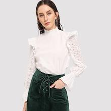 Shein Ruffle Lace Eyelet Mock Neck Top
