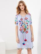 Shein Vertical Striped Embroidered Tassel Hem Pom Pom Dress