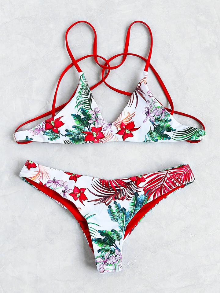 Shein Tropical Print Strappy Tie Back Bikini Set