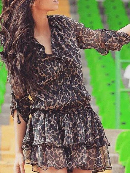 Shein Leopard Lapel Buttons Ruffle Battenburg Chiffon Drop Waist Dress