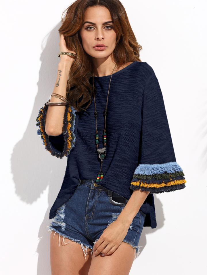 Shein Layered Fringe Detail Fluted Sleeve Slub Tee