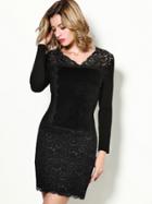 Shein Black V Neck Long Sleeve Contrast Lace Dress