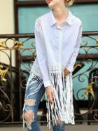 Shein White Lapel Fringe Mesh Blouse