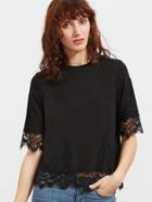 Shein Black Floral Lace Trim Short Sleeve T-shirt