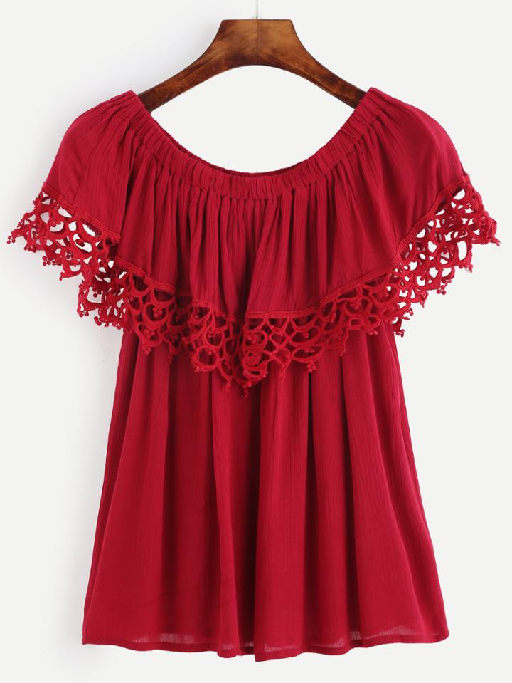 Shein Red Crochet Trim Ruffle Top