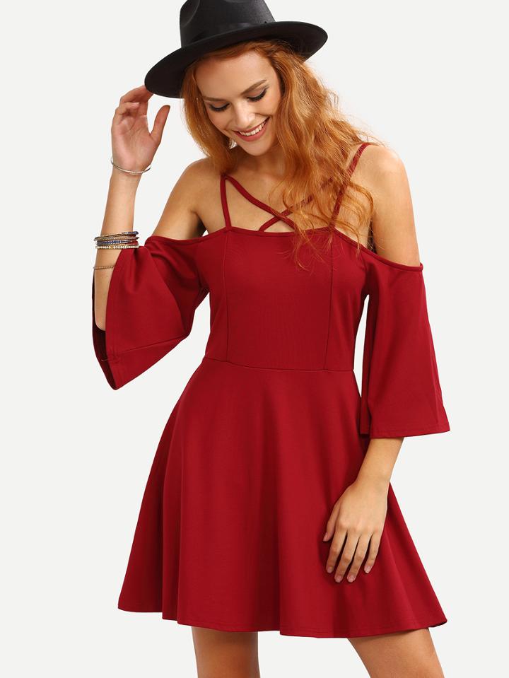 Shein Lattice Neck Cold Shoulder Skater Dress - Burgandy