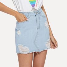 Shein Pocket Patched Ripped Raw-cut Hem Skirt