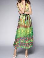 Shein Multicolor Round Neck Sleeveless Tie-waist Print Dress
