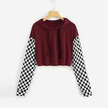 Shein Gingham Panel Drawstring Hoodie Tee
