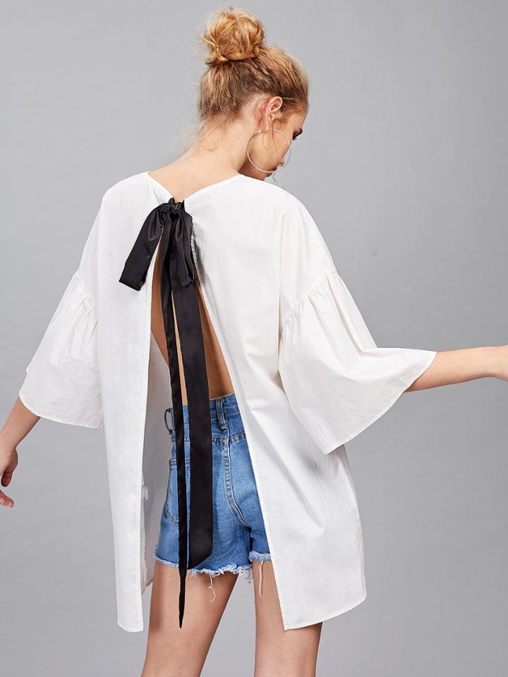 Shein Bow Tied Slit Back Fluted Sleeve Top