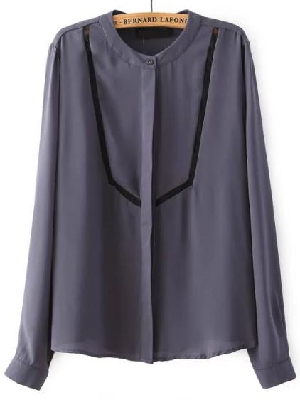 Shein Grey Stand Collar Contrast Organza Chiffon Blouse