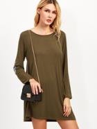 Shein Army Green Elbow Patch Long Sleeve Shift Dress