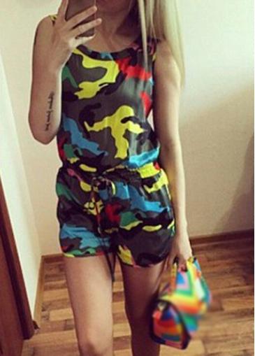 Rosewe Elastic Waist Camouflage Print Tank Romper