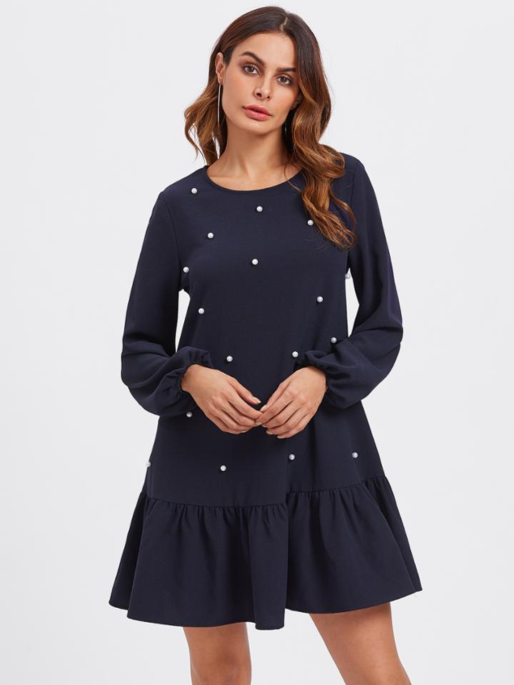 Shein Pearl Embellished Flounce Hem Dress