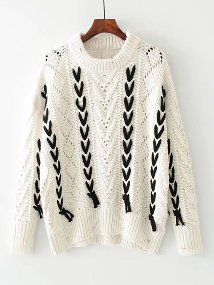 Shein Contrast Lace Up Hollow Out Ripped Sweater