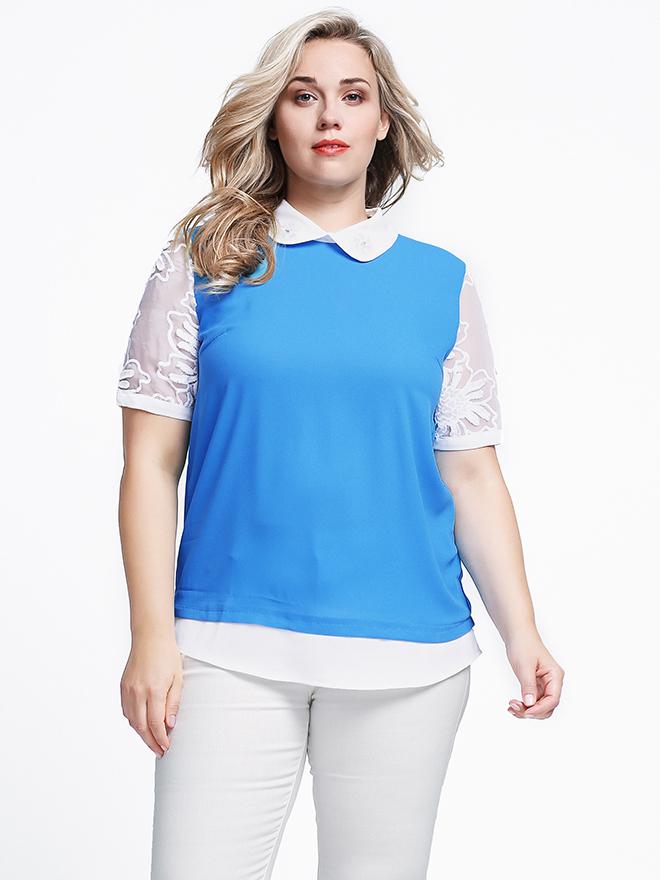 Shein Plus Size Peter Pan Collar Embroidered Blouse - Blue