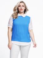 Shein Plus Size Peter Pan Collar Embroidered Blouse - Blue