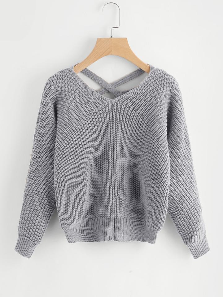 Shein Criss Cross V Back Chunky Knit Sweater