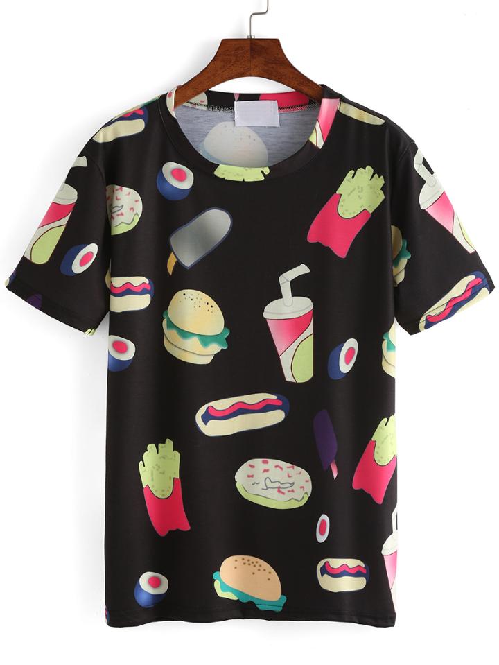 Shein Allover Food Print Black T-shirt