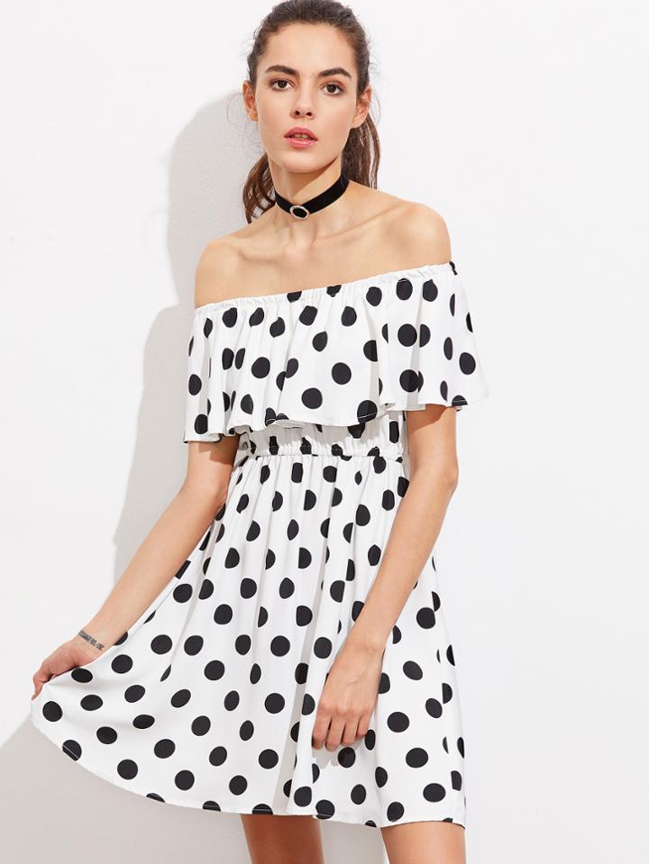 Shein Polka Dot Print Elasticized Waist Flounce Bardot Dress